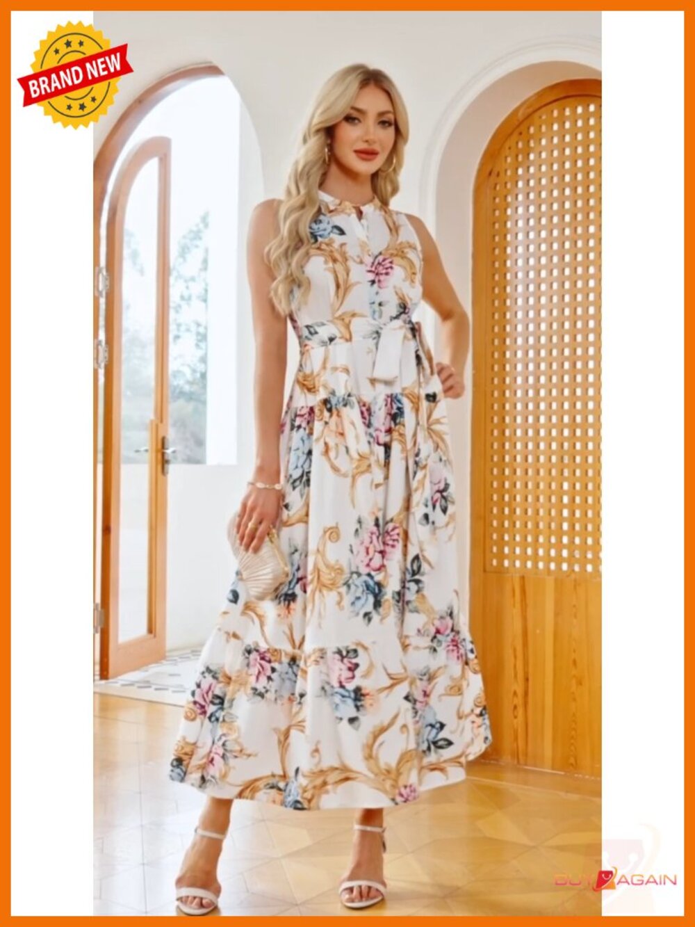 Sleeveless Floral Maxi Dress V Neck Hidden Button Down Pockets Vacation - Picture 5 of 6